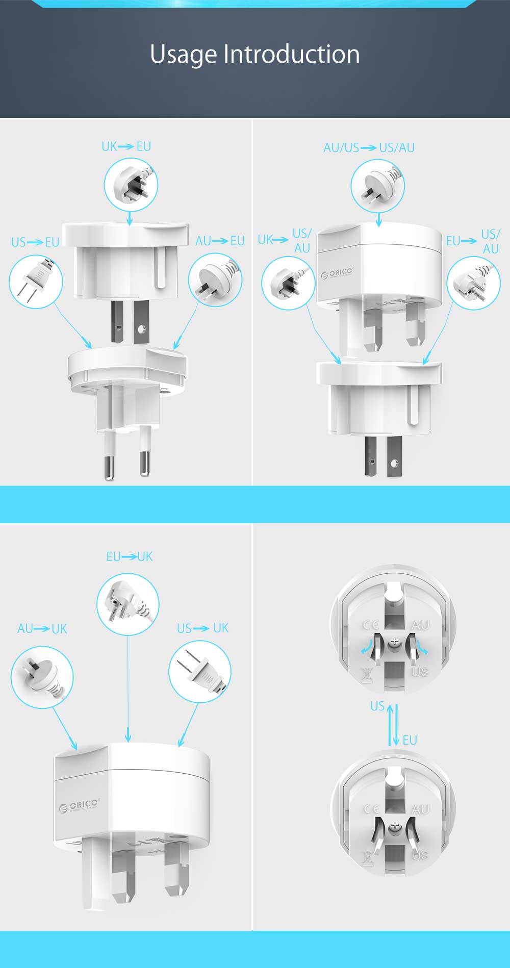 Universal Plug Electrical Adapter Portable Power Socket Outlet All in One Travel Converter Worldwide Use for US/UK/EU/AU