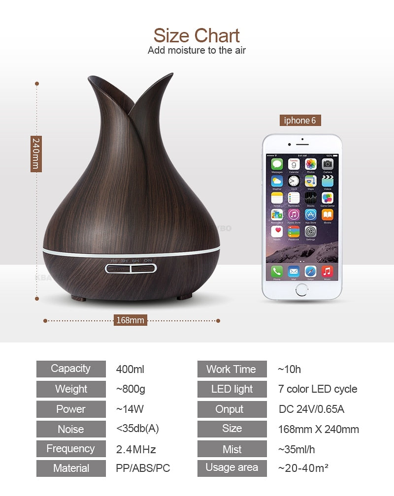 Humidifier Aroma Essential Oil  Diffuser with Wood Grain 7 Color Changing LED Lights for Office Home