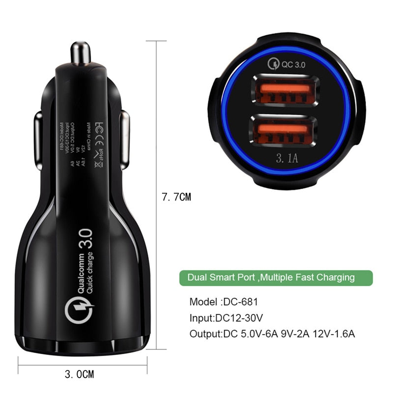 Quick Car Charger QC3.0 2.0 Fast Charging Cable For Samsung Xiaomi Huawei Sony Android Charge Adapter Data Tablet Car-Charger