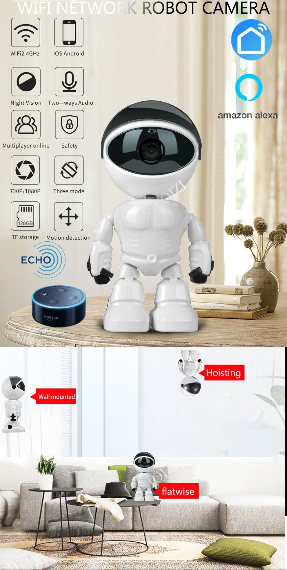 Robot Camera alexa echo 1080P HD Baby Monitor wifi Two-way Audio Network